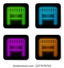 Glowing neon line Football goal icon isolated on white background. Black square button. Vector