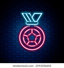 Glowing neon line Football or soccer medal icon isolated on brick wall background. Colorful outline concept. Vector