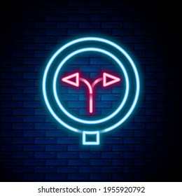 Glowing neon line Fork in the road icon isolated on brick wall background. Colorful outline concept. Vector