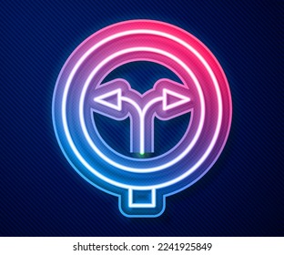 Glowing neon line Fork in the road icon isolated on blue background.  Vector