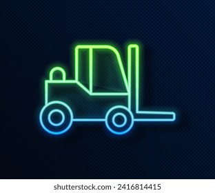 Icono del camión de elevación de la horquilla de neón brillante aislado en fondo azul. Cargador de horquilla y caja de cartón. Entrega de carga, envío, transporte.  Vector