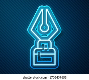 Glowing neon line Fountain pen nib icon isolated on blue background. Pen tool sign.  Vector Illustration