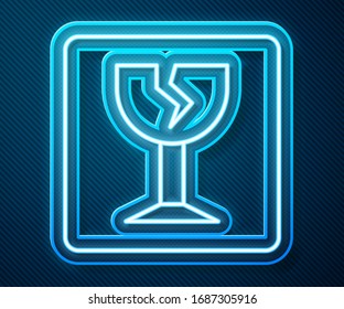 Glowing neon line Fragile broken glass symbol for delivery boxes icon isolated on blue background.  Vector Illustration