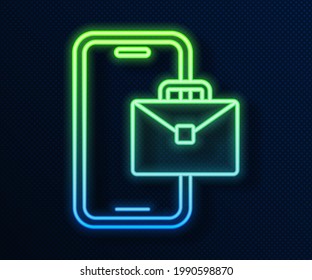 Glowing neon line Freelancer icon isolated on blue background. Freelancer man working on laptop at his house. Online working, distant job concept.  Vector