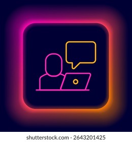 Glowing neon line Freelancer icon isolated on black background. Freelancer man working on laptop at his house. Online working, distant job concept. Colorful outline concept. Vector