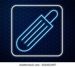 Glowing neon line French hot dog icon isolated on brick wall background. Sausage icon. Fast food sign.  Vector Illustration