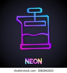 Glowing neon line French press icon isolated on black background.  Vector