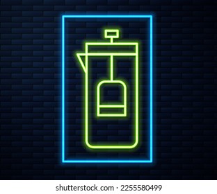 Glowing neon line French press icon isolated on brick wall background.  Vector Illustration
