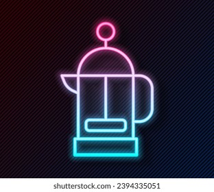 Glowing neon line French press icon isolated on black background.  Vector