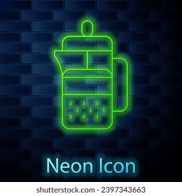 Glowing neon line French press icon isolated on brick wall background.  Vector
