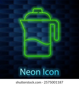 Glowing neon line French press icon isolated on brick wall background.  Vector