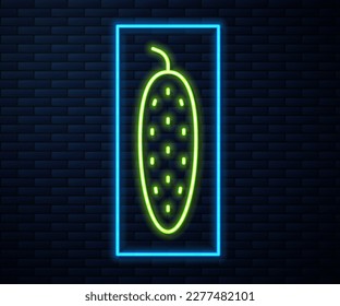 Glowing neon line Fresh cucumber icon isolated on brick wall background.  Vector