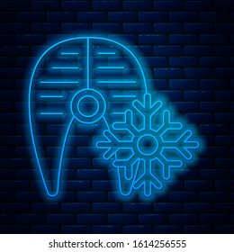 Glowing neon line Fresh frozen fish steak icon isolated on brick wall background.  Vector Illustration