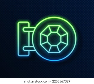 Glowing neon line Front facade building jewelry store icon isolated on blue background.  Vector