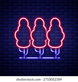 Icono de árboles frutales de línea de neón brillante aislado en el fondo de la pared de ladrillo. Planta agrícola. Producto agrícola ecológico. Jardín de frutas. Tema de jardinería. Concepto de contorno colorido. Vector