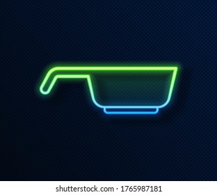 Glowing neon line Frying pan icon isolated on blue background. Fry or roast food symbol.  Vector