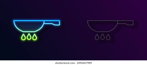 Glowing neon line Frying pan on fire icon isolated on black background. Fry or roast food symbol.  Vector