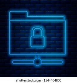 Glowing neon line FTP folder and lock icon isolated on brick wall background. Concept of software update. Security, safety, protection concept.  Vector Illustration