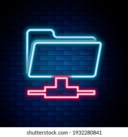 Glowing neon line FTP folder icon isolated on brick wall background. Software update, transfer protocol, router, teamwork tool management, copy process, info. Colorful outline concept. Vector