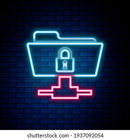 Glowing neon line FTP folder and lock icon isolated on brick wall background. Concept of software update, ftp transfer protocol. Security, safety, protection concept. Colorful outline concept. Vector