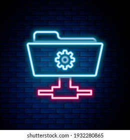 Glowing neon line FTP settings folder icon isolated on brick wall background. Software update, transfer protocol, router, teamwork tool management, copy process. Colorful outline concept. Vector