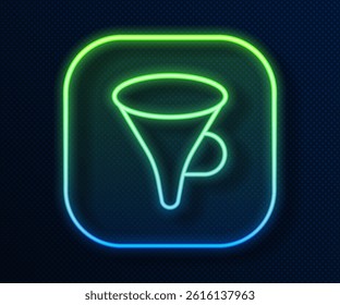 Glowing neon line Funnel or filter icon isolated on blue background.  Vector