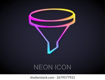 Glowing neon line Funnel or filter icon isolated on black background.  Vector
