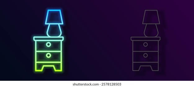 Glowing neon line Furniture nightstand with lamp icon isolated on black background.  Vector