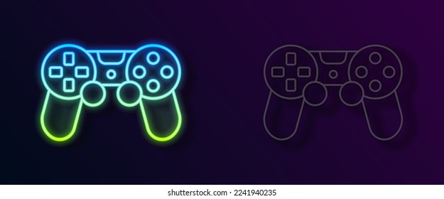 Glowing neon line Game controller or joystick for game console icon isolated on black background.  Vector