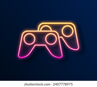 Glowing neon line Game controller or joystick for game console icon isolated on black background.  Vector