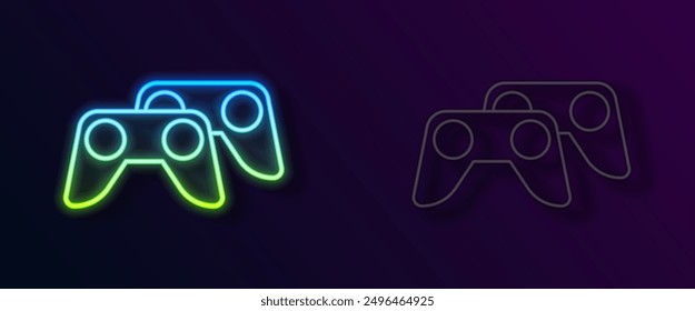 Glowing neon line Game controller or joystick for game console icon isolated on black background.  Vector