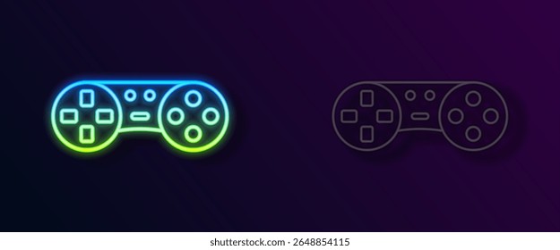 Glowing neon line Game controller or joystick for game console icon isolated on black background.  Vector