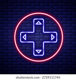 Línea de neón brillante Controlador de juego o joystick para el icono de la consola de juegos aislado en el fondo de la pared de ladrillo. Concepto de contorno colorido. Vector