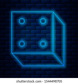 Glowing neon line Game dice icon isolated on brick wall background. Casino gambling.  Vector Illustration