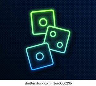 Glowing neon line Game dice icon isolated on blue background. Casino gambling.  Vector Illustration