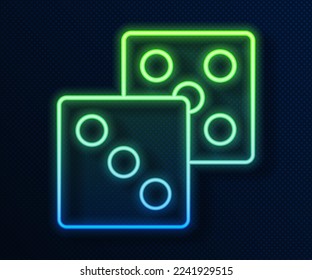 Glowing neon line Game dice icon isolated on blue background. Casino gambling.  Vector