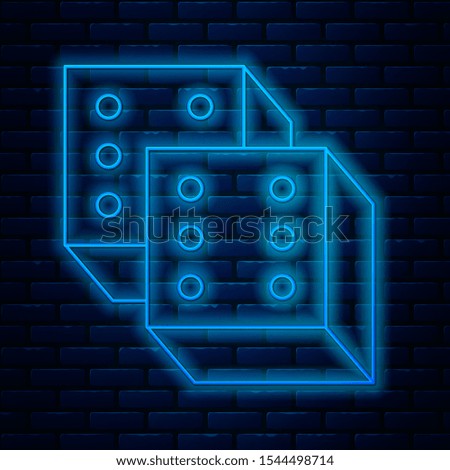 Glowing neon line Game dice icon isolated on brick wall background. Casino gambling.  Vector Illustration