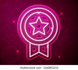 Glowing neon line Game rating with medal icon isolated on red background. Level results for game.  Vector