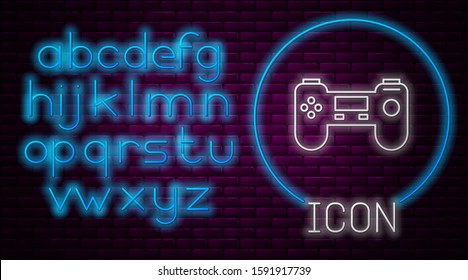 Glowing neon line Gamepad icon isolated on brick wall background. Game controller. Neon light alphabet. Vector Illustration