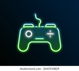 Linha de neon brilhante ícone do Gamepad isolado no fundo preto. Controlador de jogo. Conceito de contorno colorido. Vetor