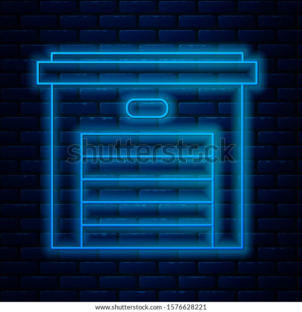 Glowing neon line Garage icon isolated on\
brick wall background.  Vector\
Illustration