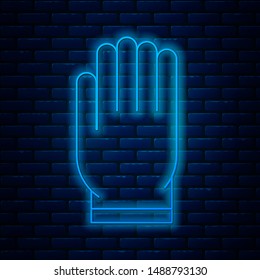 Glowing neon line Garden gloves icon isolated on brick wall background. Rubber gauntlets sign. Farming hand protection, gloves safety.  Vector Illustration