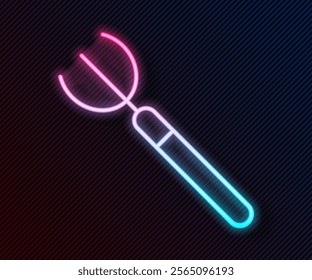 Glowing neon line Garden pitchfork icon isolated on black background. Garden fork sign. Tool for horticulture, agriculture, farming.  Vector