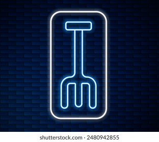 Glowing neon line Garden rake icon isolated on brick wall background. Tool for horticulture, agriculture, farming. Ground cultivator. Housekeeping equipment.  Vector