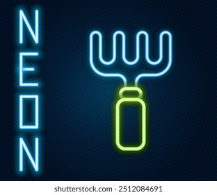 Glowing neon line Garden rake icon isolated on black background. Tool for horticulture, agriculture, farming. Ground cultivator. Housekeeping equipment. Colorful outline concept. Vector