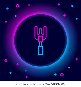Glowing neon line Garden rake icon isolated on black background. Tool for horticulture, agriculture, farming. Ground cultivator. Housekeeping equipment. Colorful outline concept. Vector