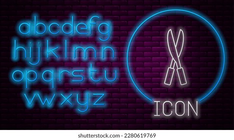 Glowing neon line Gardening handmade scissors for trimming icon isolated on brick wall background. Pruning shears with wooden handles. Neon light alphabet. Vector