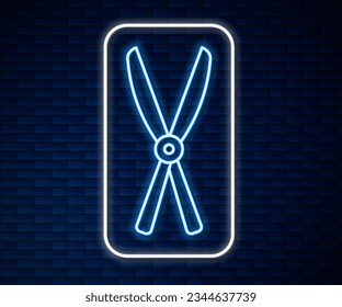 Glowing neon line Gardening handmade scissors for trimming icon isolated on brick wall background. Pruning shears with wooden handles.  Vector