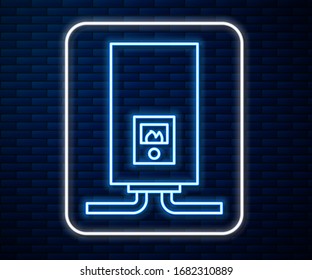Glowing neon line Gas boiler with a burning fire icon isolated on brick wall background.  Vector Illustration