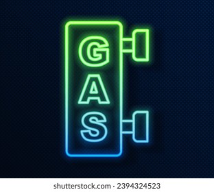 Glowing neon line Gas filling station icon isolated on blue background. Transport related service building Gasoline and oil station.  Vector